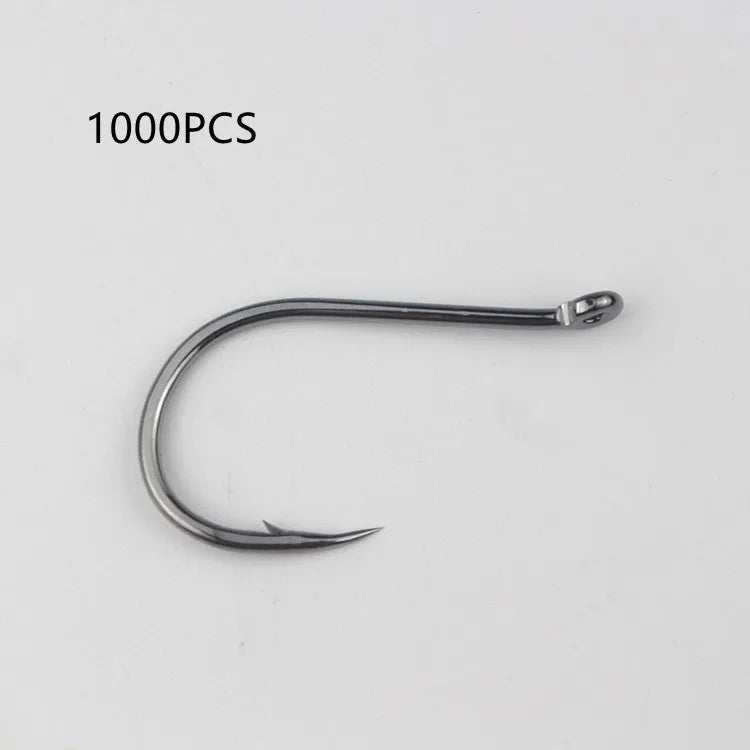 Bulk pack of alloy carbon steel barbed fishing hooks with a hole ring, suitable for rock and sea fishing.