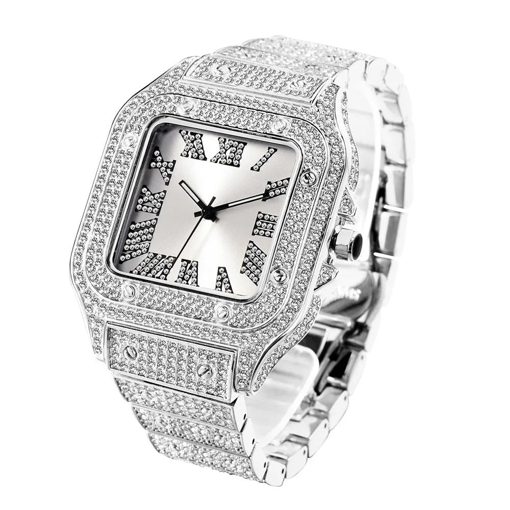 Fashion hip hop square men's watch with diamond detailing alloy strap silver white dial