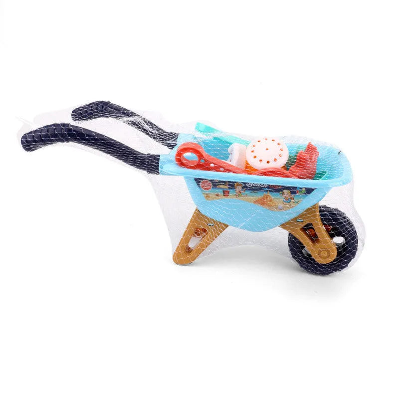 Large plastic beach toy stroller set with 6 pieces including a trolley, available in blue or red