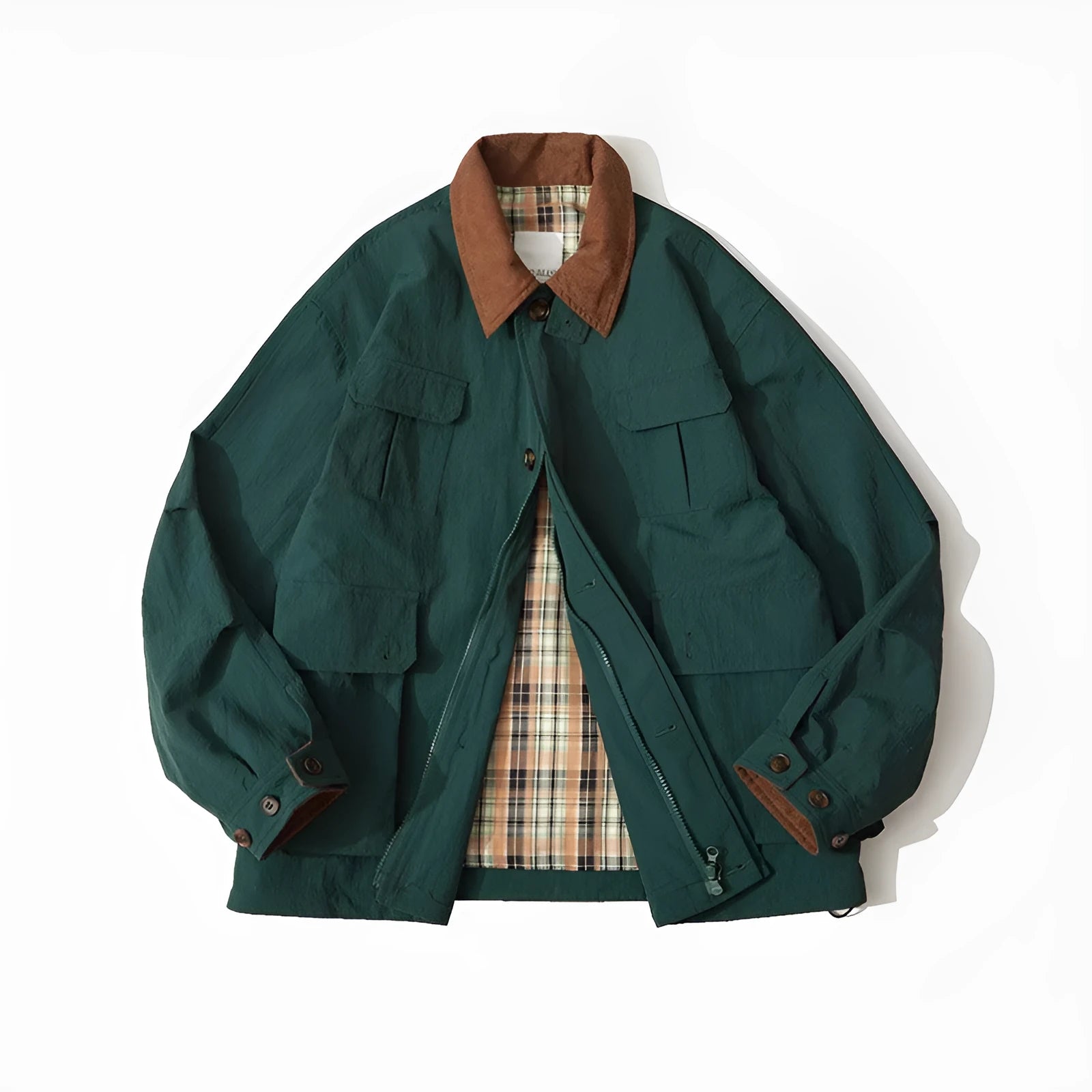 Casual contrast colour jacket with side seam pockets in green or apricot
