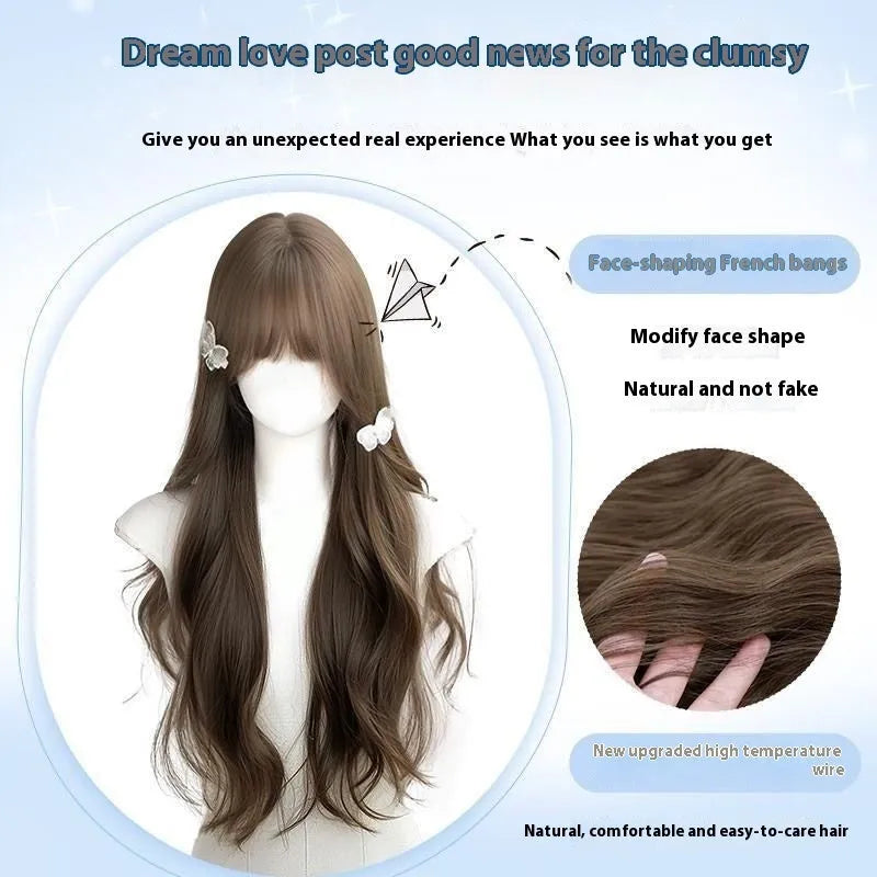 Long curly hazelnut grey brown big wave wig with five piece care set for ladies daily wear