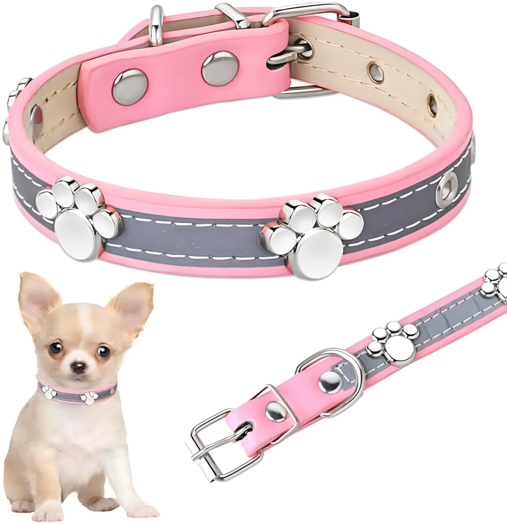 Reflective adjustable leather dog collar for small medium large dogs with cute paw rivet and metal buckle.
