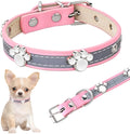 Reflective adjustable leather dog collar for small medium large dogs with cute paw rivet and metal buckle.