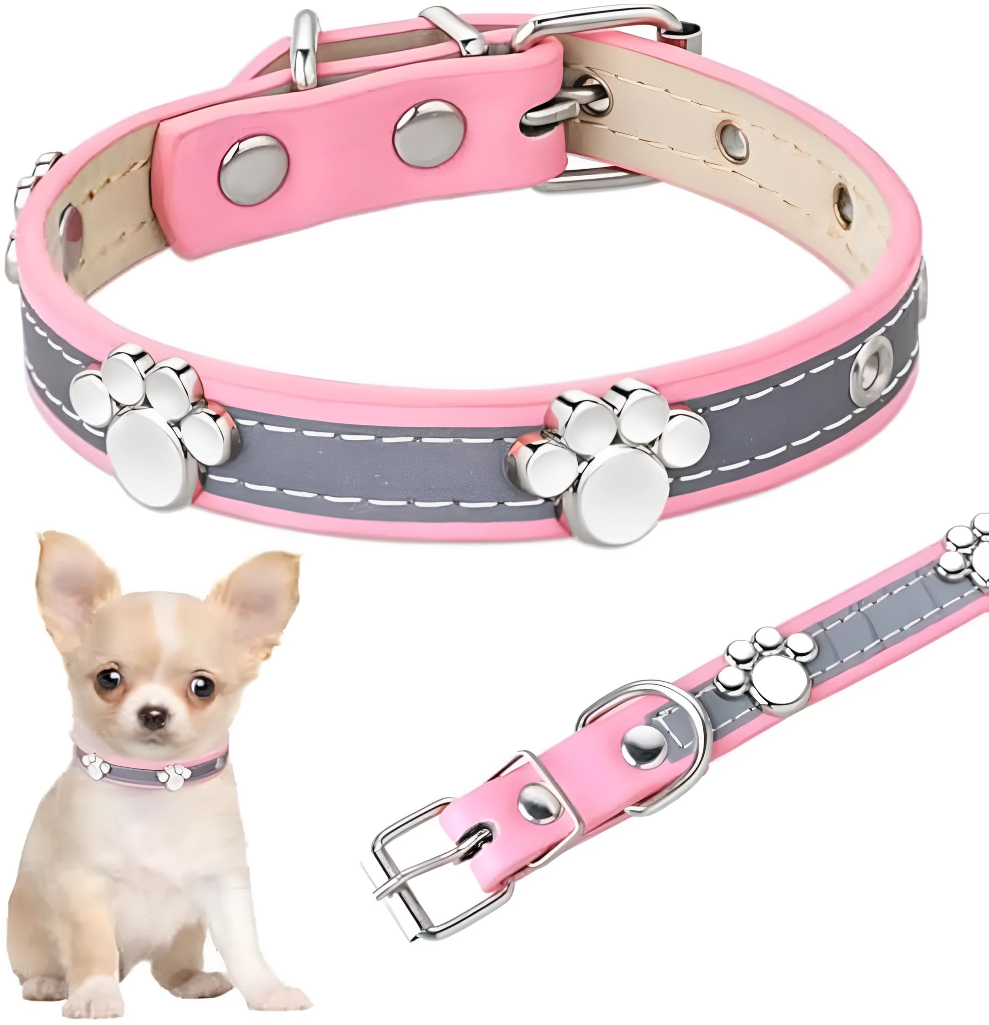 Reflective adjustable leather dog collar for small medium large dogs with cute paw rivet and metal buckle.
