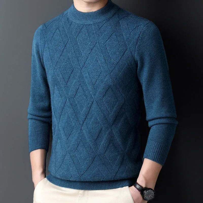 Men's thick grey diamond jacquard wool-blend pullover sweater on a hanger.