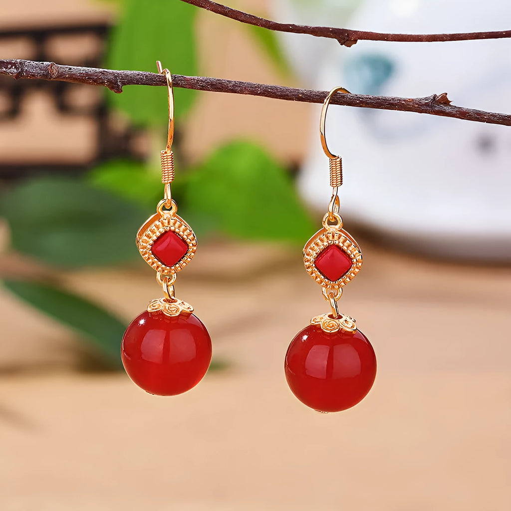 Southern red agate round bead earrings with S925 silver jasper inlay geometric drop design