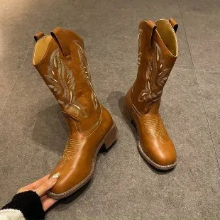 Brown embroidered women's Martin boots with mid-calf length, leather lining and square low heel