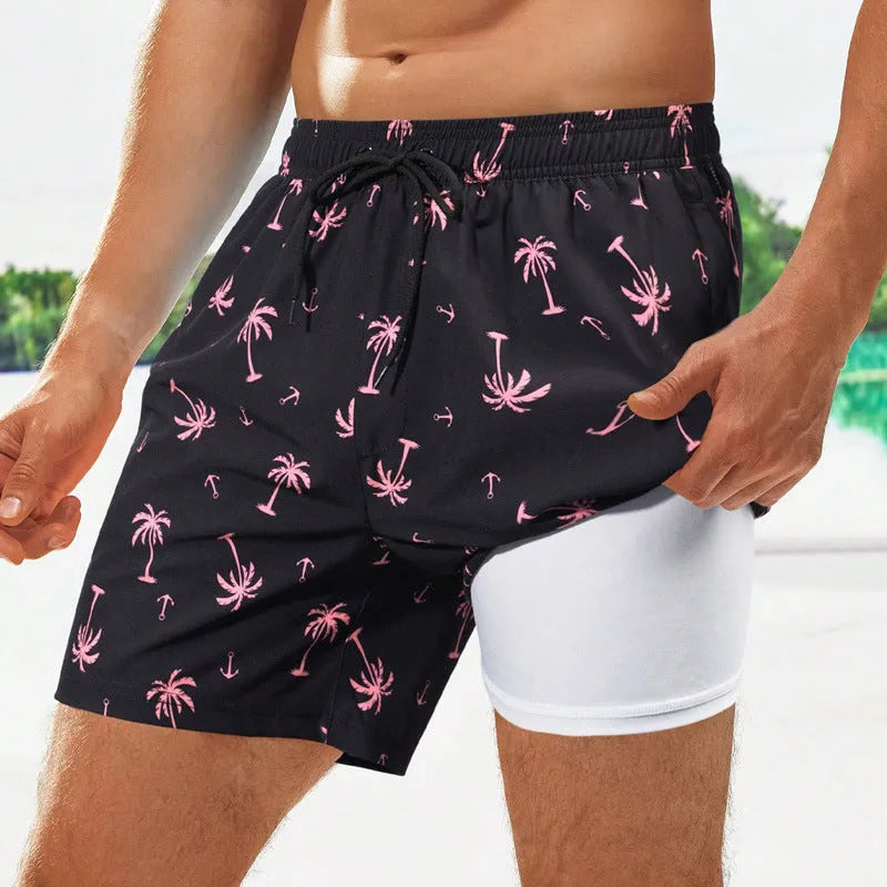 Men's loose fit quick-drying swimming trunks in a floral print design.