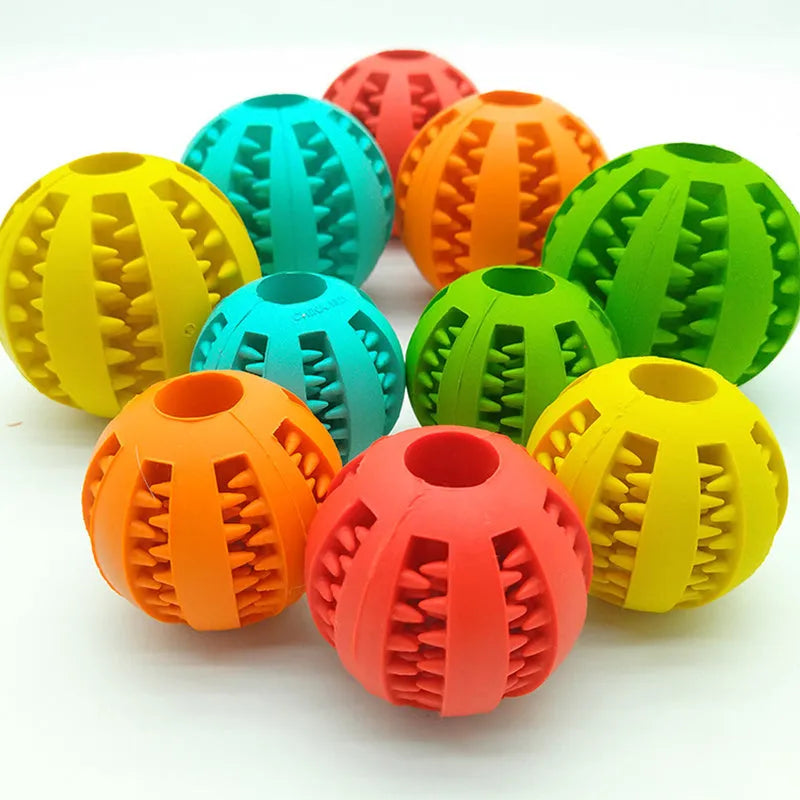 Rubber dog ball toy in blue green red for treat dispensing, slow feeding and tooth cleaning, 5cm and 7cm