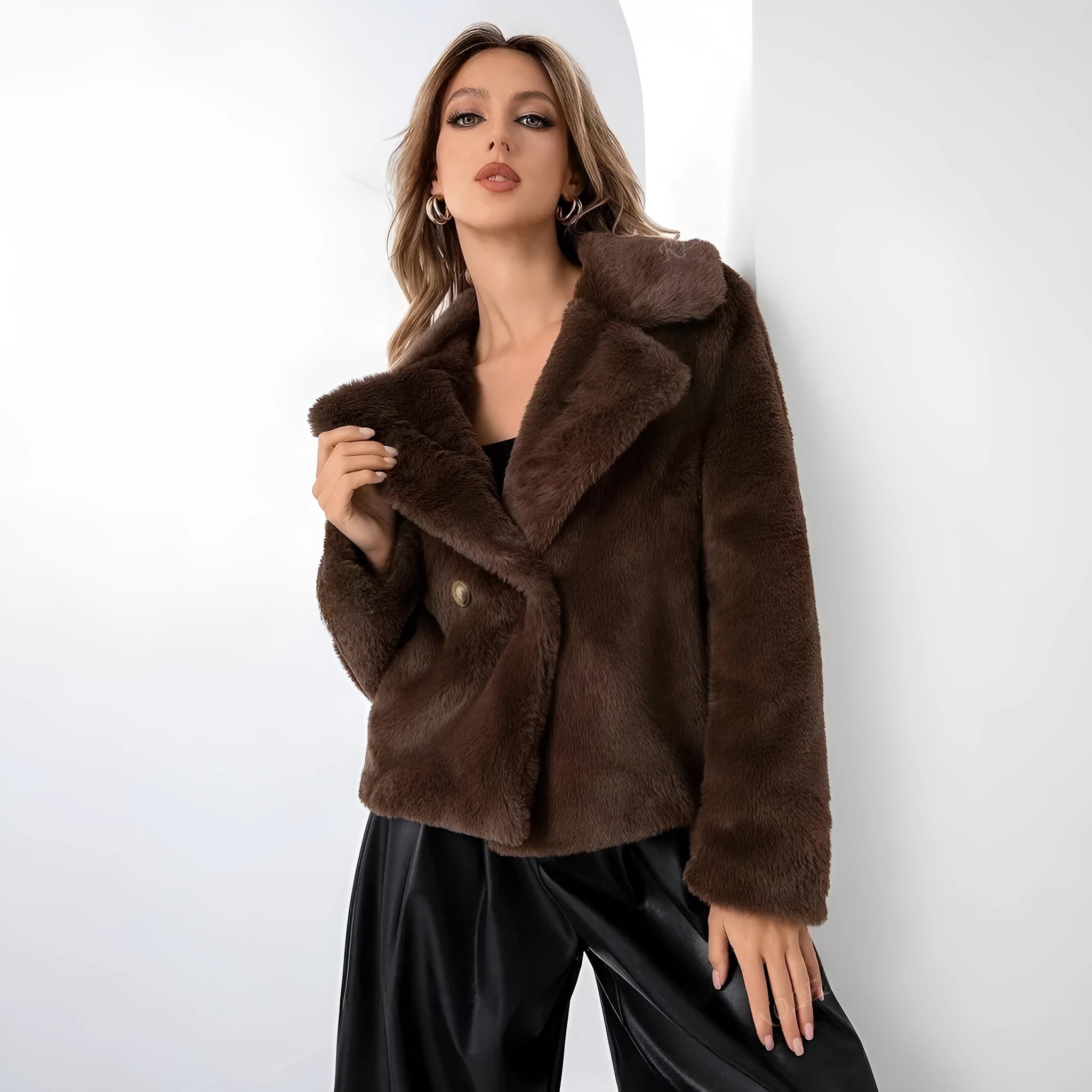 A women's rose red loose-fit short faux fur coat with regular sleeves on a hanger.