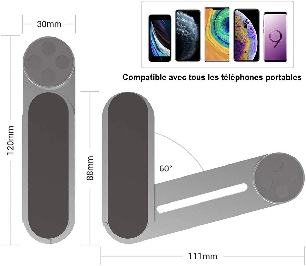 Silver aluminium laptop side mount bracket holding a smartphone, showing adjustable arm and magnetic pads.