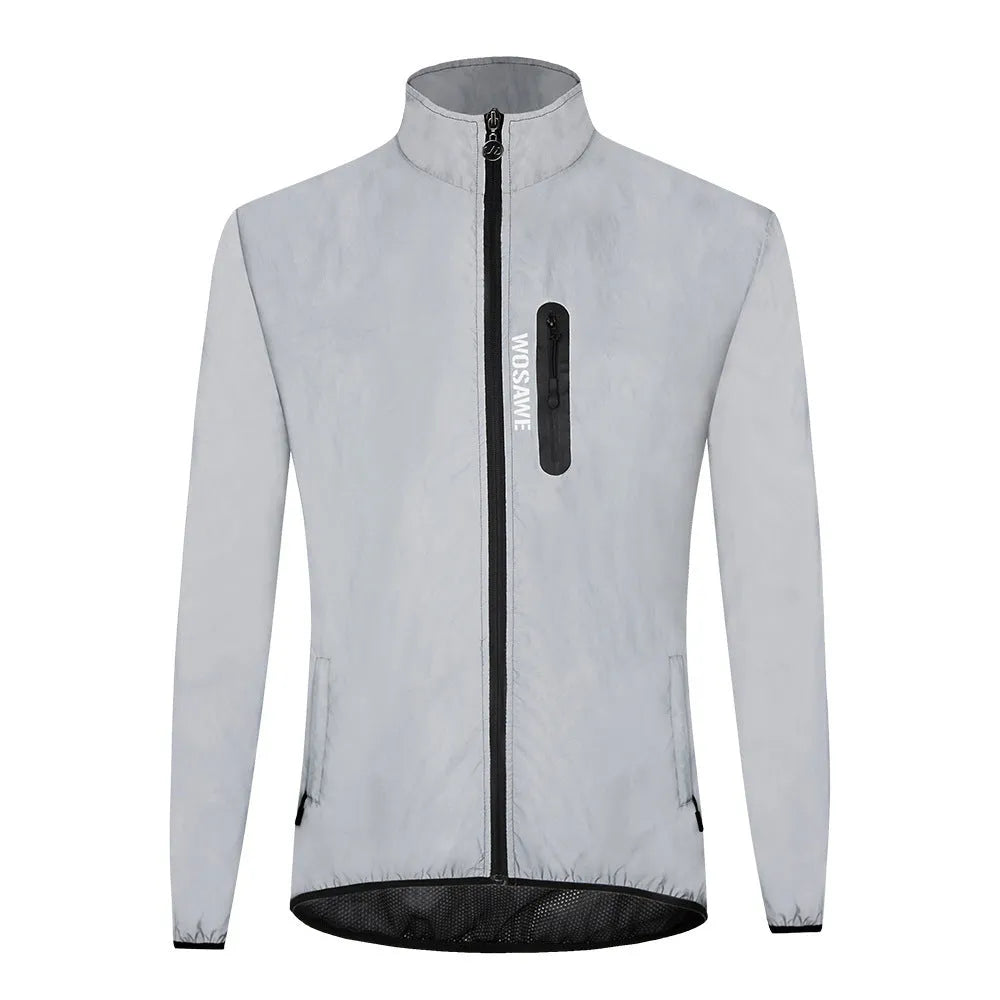Silver waterproof polyester windbreaker jacket with long sleeves shown on a hanger.