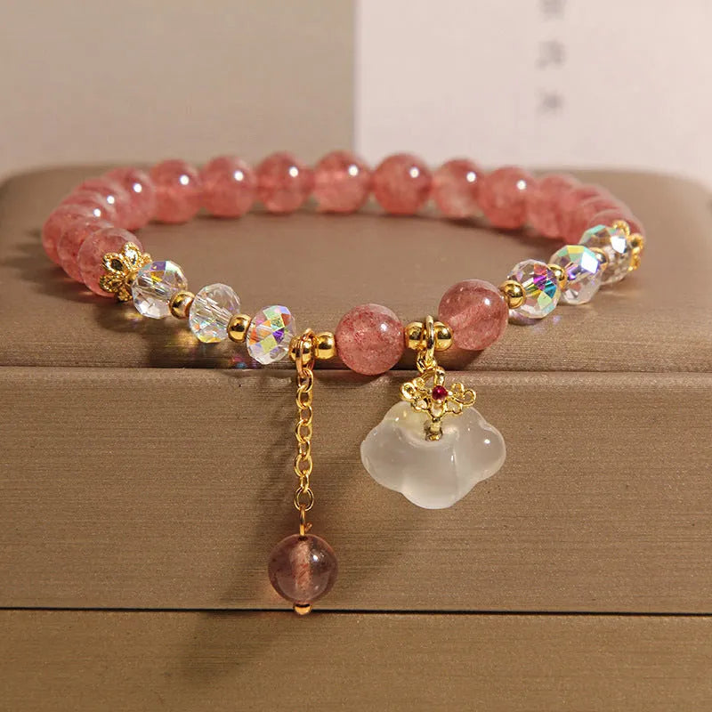 Women's natural strawberry quartz and white agate crystal bracelet with auspicious clouds detailing