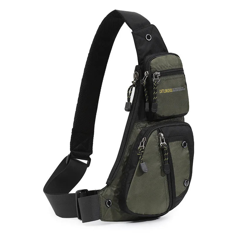 Men's nylon outdoor multi-functional shoulder messenger bag in black with extended storage