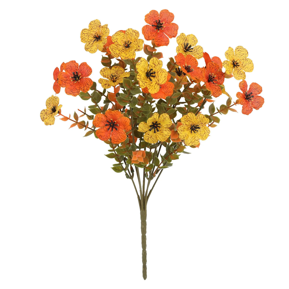 Artificial flower bouquet in autumn colours made from plastic and silk materials.