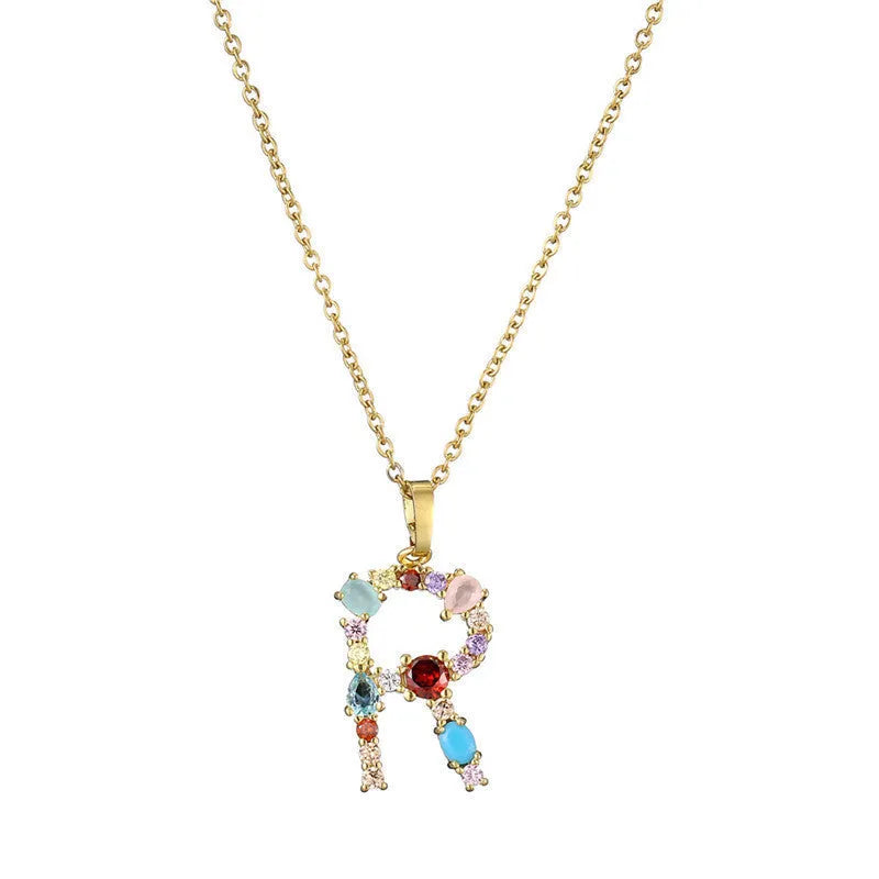 Copper micro-set zirconium English letter initial pendant with matching chain, light luxury style