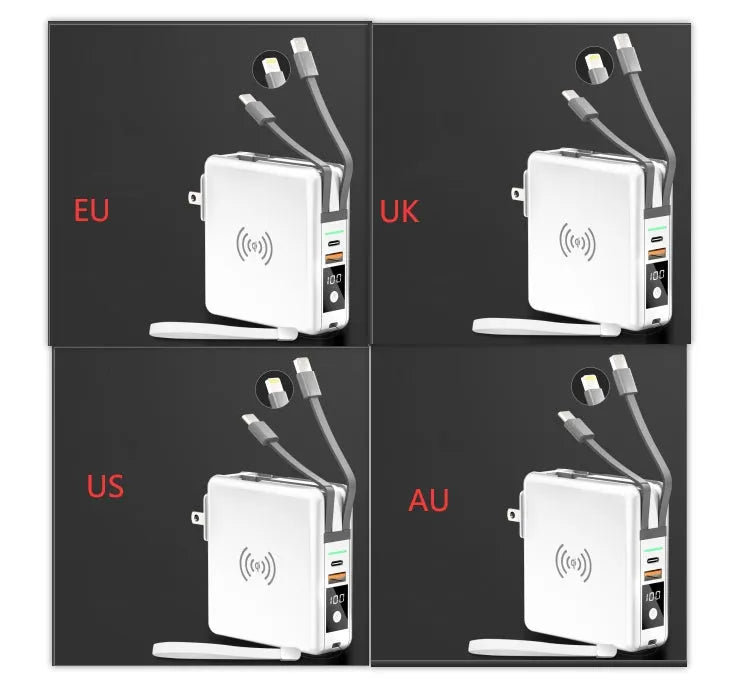 Black and white PD20W fast charging power bank with wireless capability and integrated plug