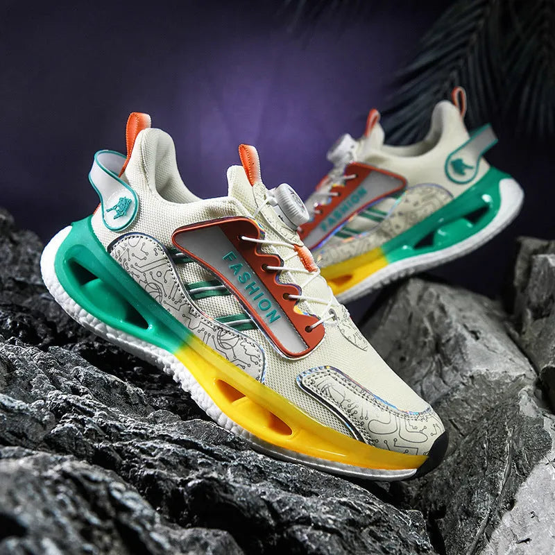 Men's low-top mesh sports shoes in solid colours with elastic band and popcorn TPU sole.
