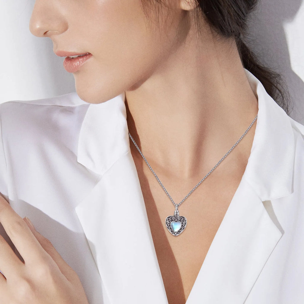 925 silver heart urn necklace with moonstone and 18 inch chain plus 2 inch extender