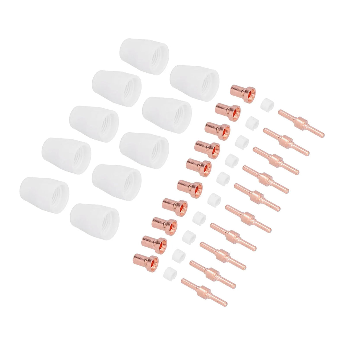 40 piece plasma cutter consumables kit with electrodes nozzles shunts and porcelain nozzles on black background