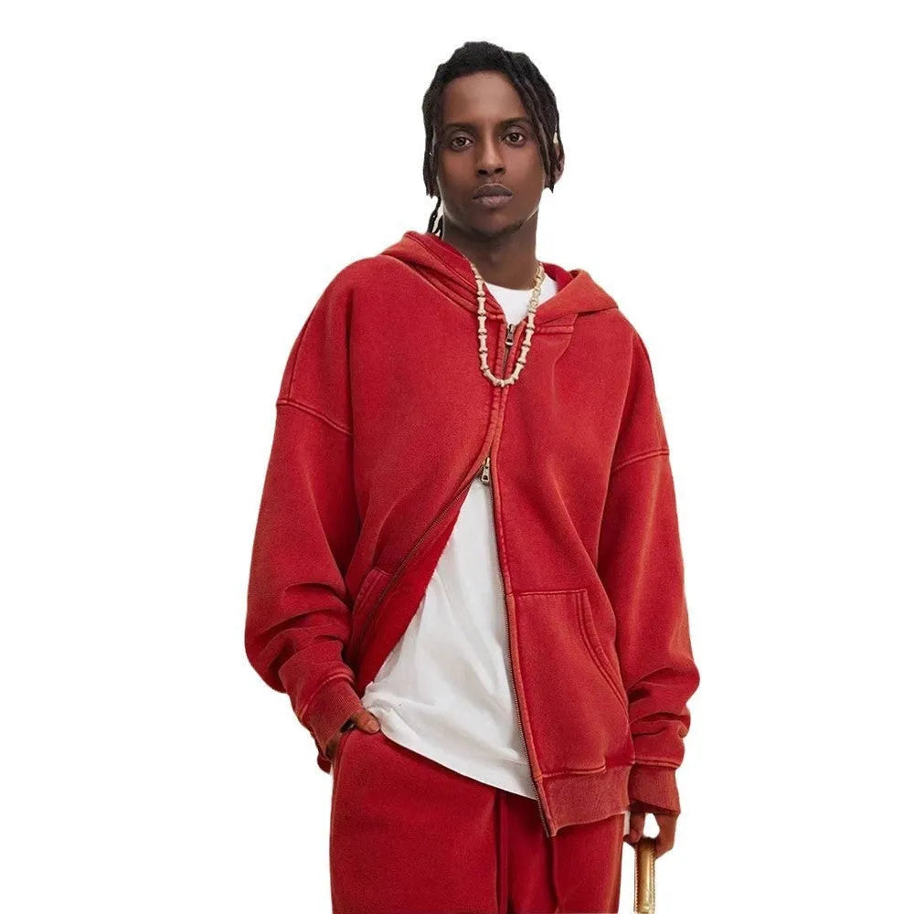 Men's washed cotton hooded cardigan sweater with fleece lining and a double zip front.