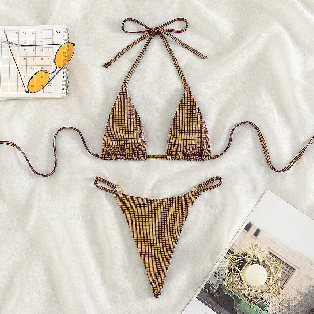 Women's solid colour T-back bikini set in blue, rose red, or gold.