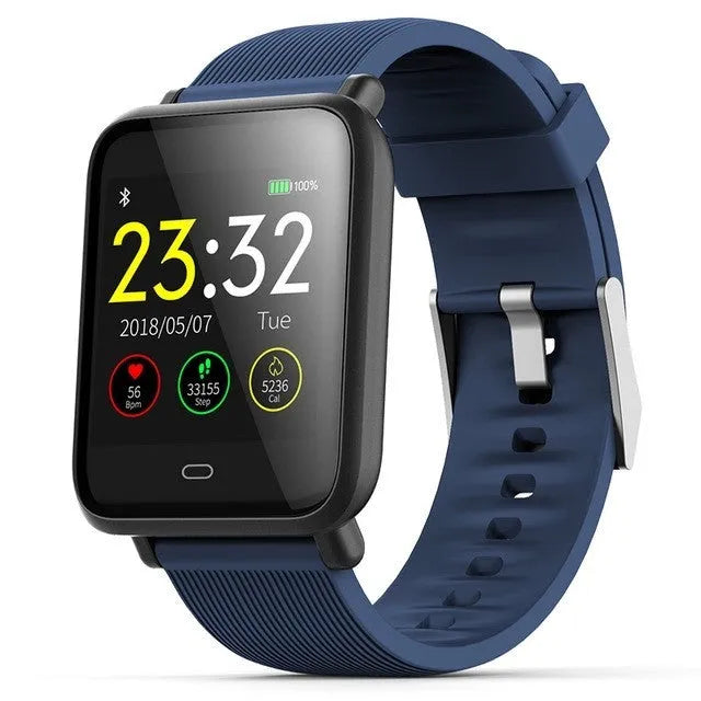 Q9 smart watch with 1.3 inch touch screen on silicone strap, black, showing heart rate display