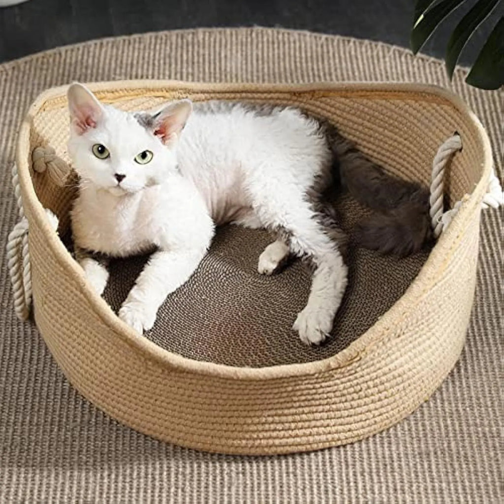 Wicker cat basket bed with integrated corrugated cardboard scratching panel, shown in large and small sizes.