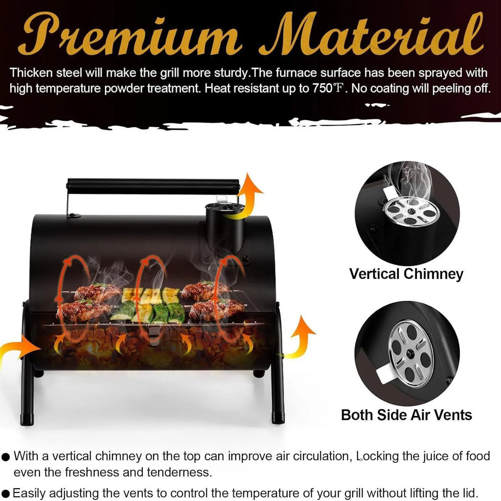 Small folding metal desktop charcoal barbecue grill for portable outdoor cooking.