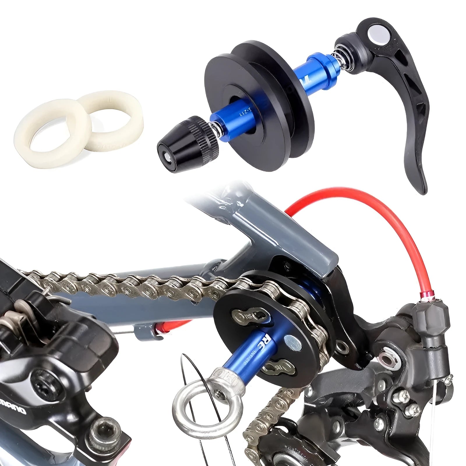 Aluminium bicycle chain holder tool shown in three versions: barrel shaft, basic, and quick release.