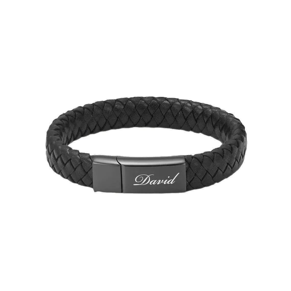 Men's black woven leather bracelet with a stainless steel casket capsule for remembrance.