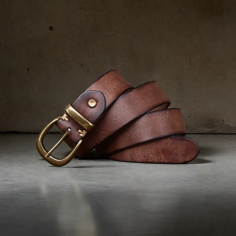 Men's casual leather belt in first layer cattlehide with copper pin buckle, shown in black.