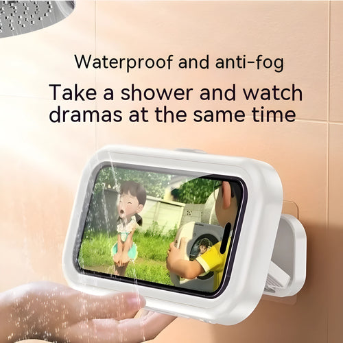 White plastic rotatable waterproof phone box mounted on bathroom wall with a phone inside, punch-free design, four colour options
