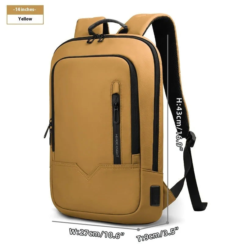 Men's lightweight polyester laptop backpack with USB port in black, shown in 14-inch size.