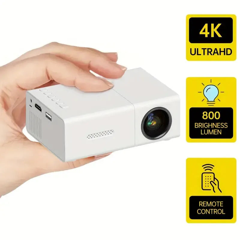 White and black portable M100 LED mini projector showing remote control and cables for 100-inch home projection.