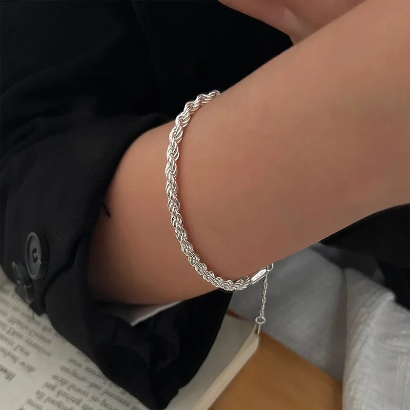 Silver twisted fried dough twists bracelet for women, vintage versatile handwear wrist accessory