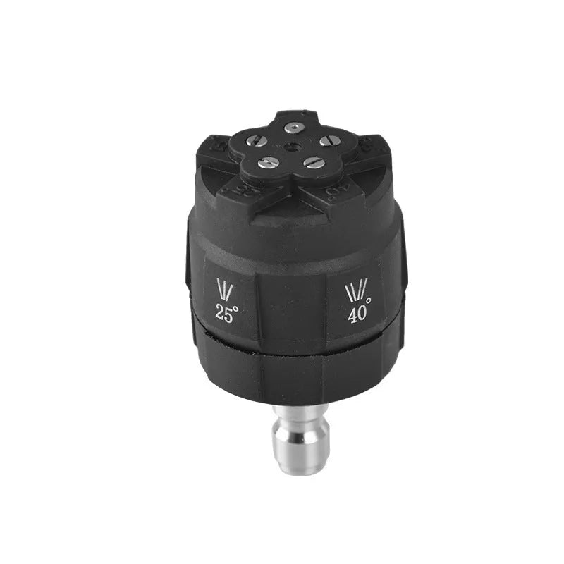Multi-functional five-pattern spray nozzle for high-pressure water gun with rotating dial.