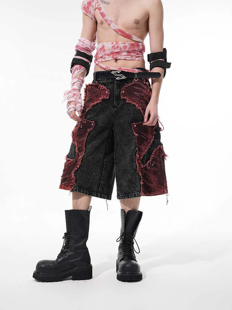 Distressed brushed stitching wide leg denim cropped pants with mid-high waist in picture colour