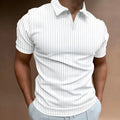 Man wearing a striped V-neck short sleeve polo shirt for summer sports.