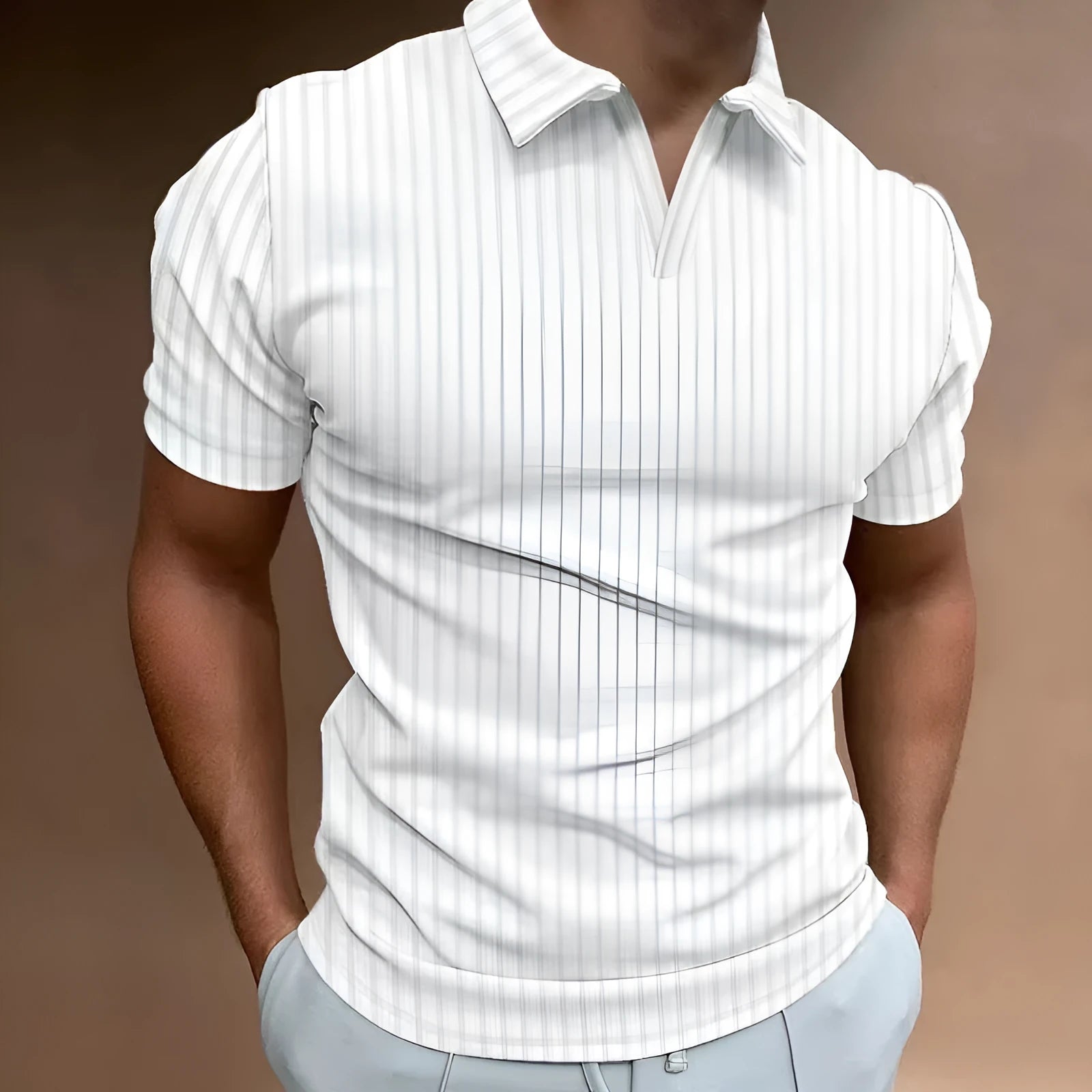 Man wearing a striped V-neck short sleeve polo shirt for summer sports.