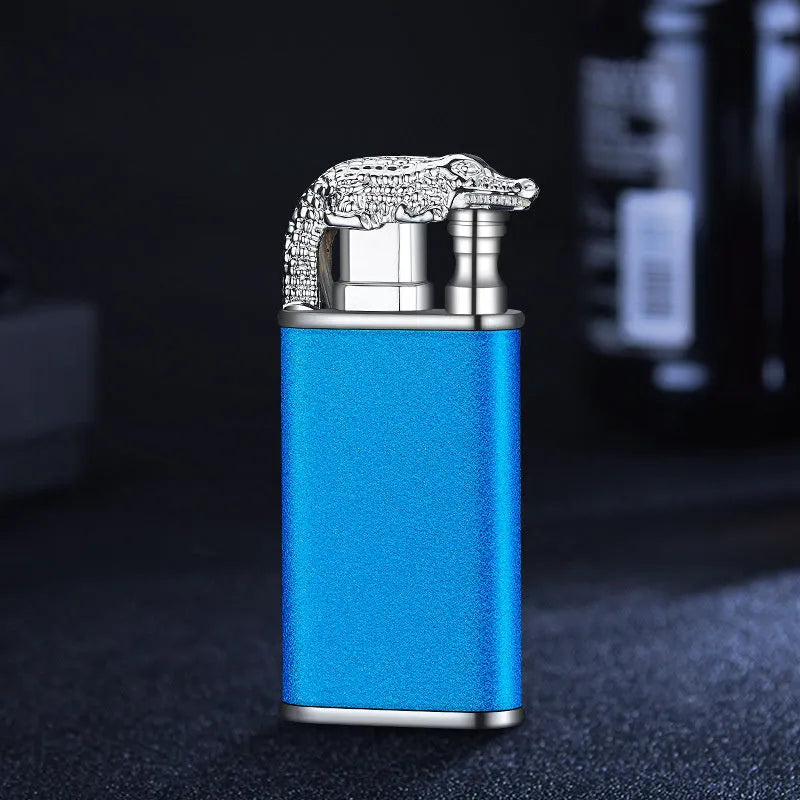 Creative blue flame lighter with windproof double fire and novelty dragon design, metal body