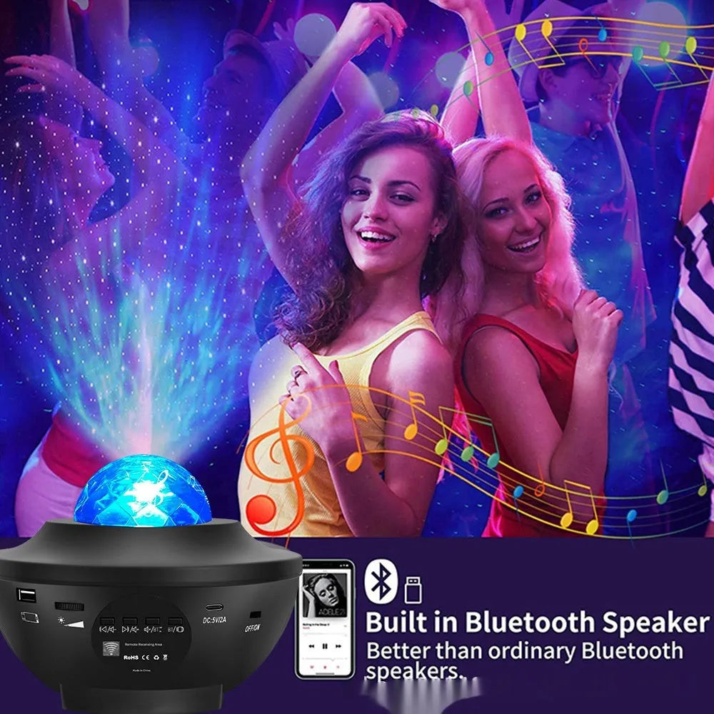 Black parallel starry sky projection lamp with rotating water ripple laser light and Bluetooth music capability on desktop