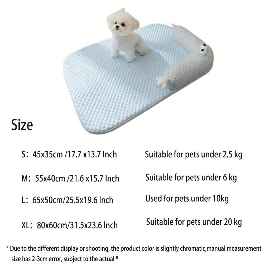 Blue monster design non-slip pet cooling bed for a dog on a hardwood floor.