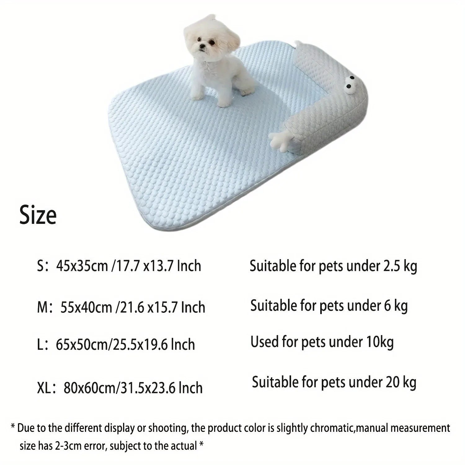 Blue monster design non-slip pet cooling bed for a dog on a hardwood floor.