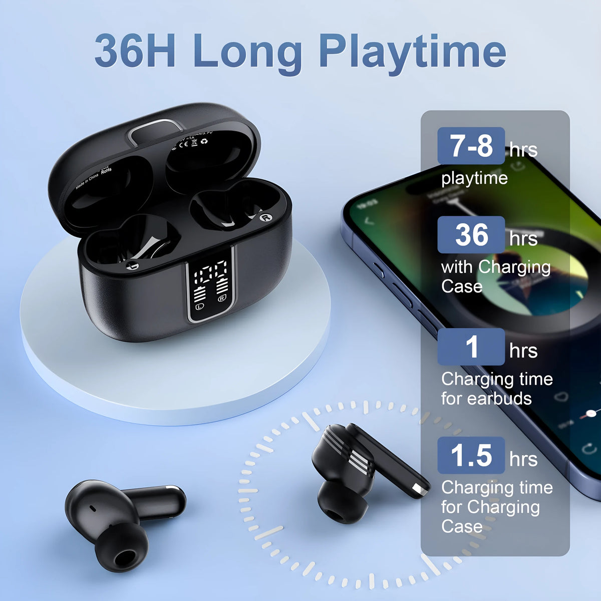 Black or white Bluetooth earphones with digital noise reduction, 10m range and 8+ hour battery life