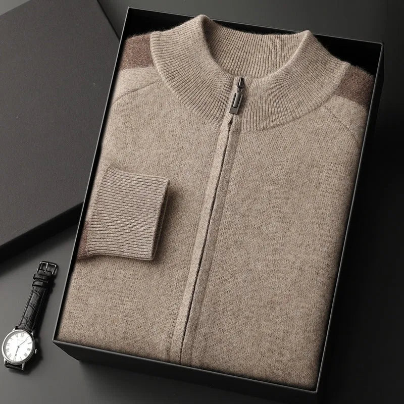 Men's cashmere wool blend sports cardigan suit with half turtleneck zipper top and matching trousers