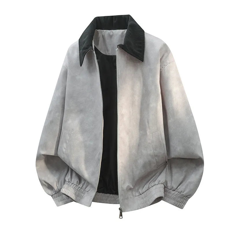 Men's casual jacket with stitching lapel detail in multiple colour options on a size chart background.