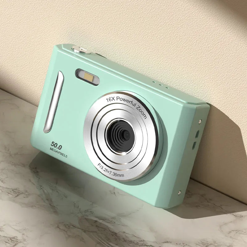 CCD student camera with dual front and rear cameras, HD screen, available in pink and black colours
