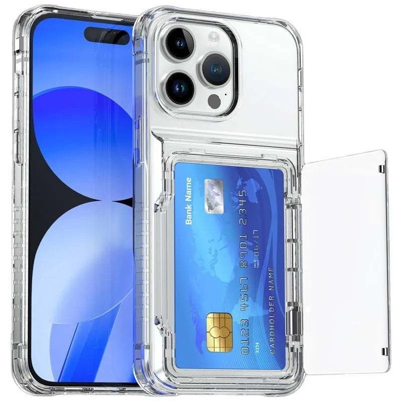 Transparent phone case with flip card holder for iPhone and Samsung S23, shockproof TPU PC cover