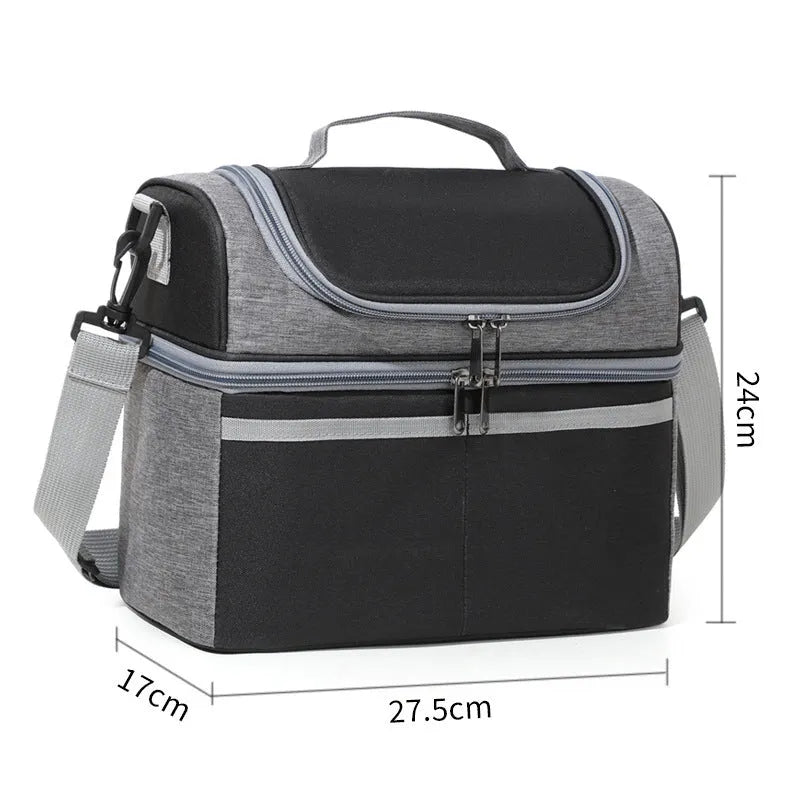 Double-layer colour matching insulated lunch bag in Oxford cloth with aluminum foil lining, black colour, portable style